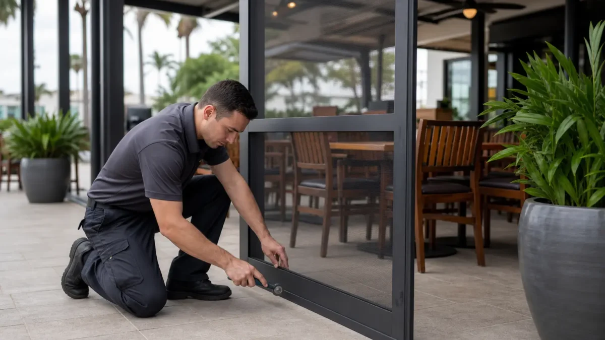 Technician repairing commercial patio door screen at a restaurant with outdoor seating and plants in Tampa