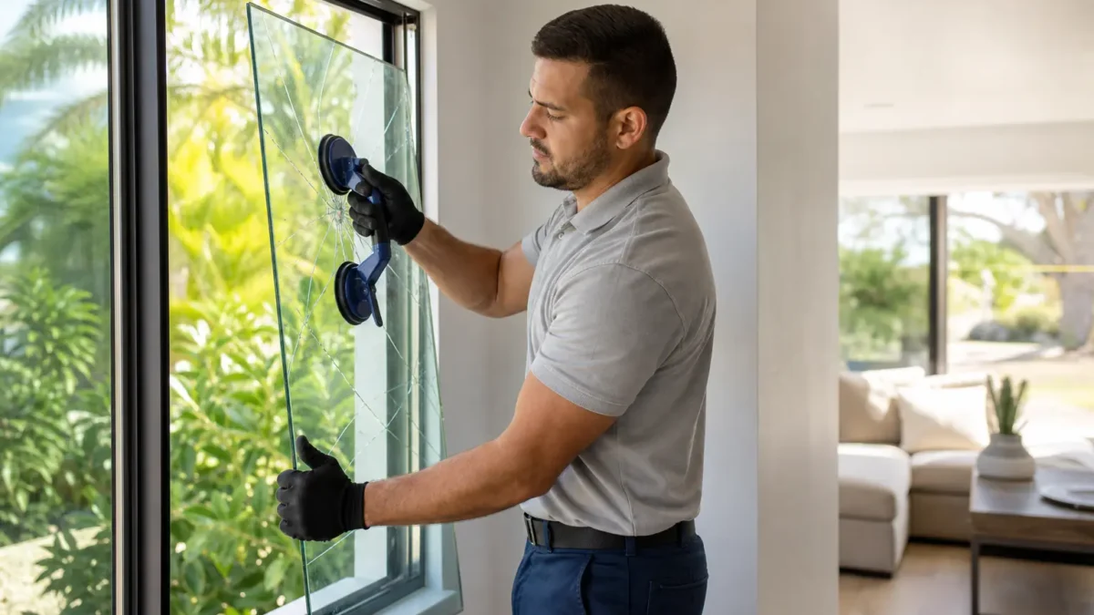 Technician replacing cracked glass on sliding window in a modern home in Tampa with professional tools