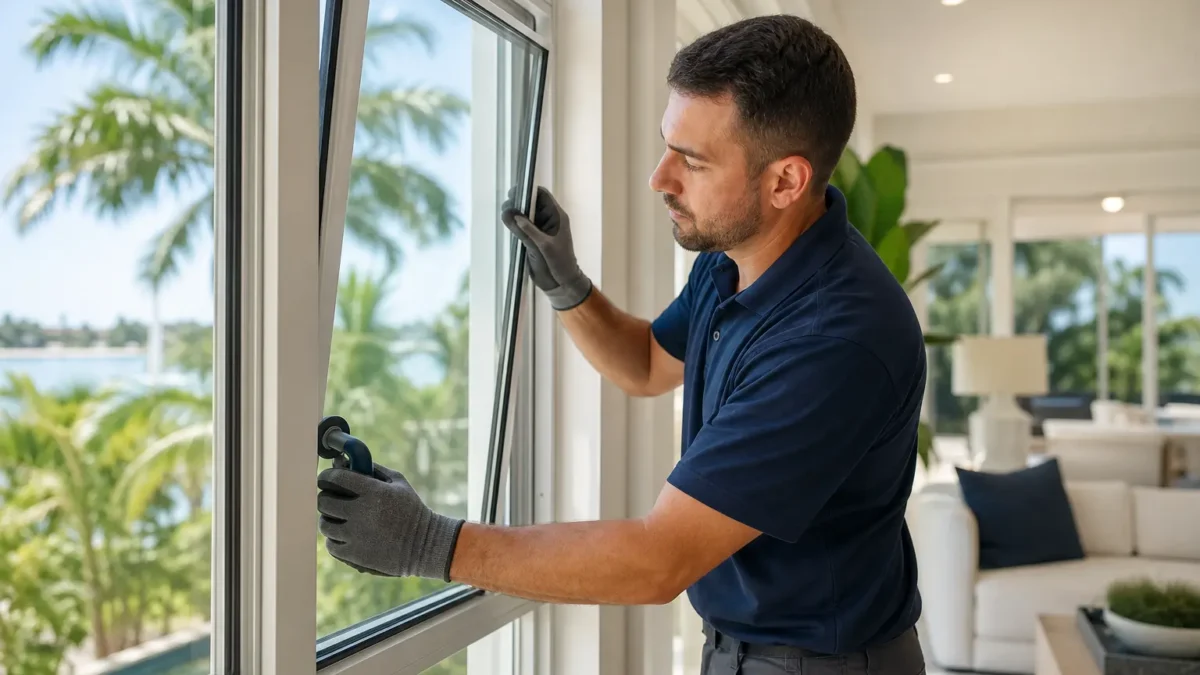 Professional technician replacing double pane glass in a bright living room with tropical view, providing window glass replac