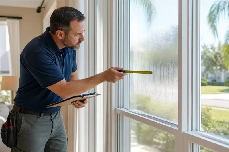 Technician measuring foggy double-pane window inside a home during foggy window repair service in Tampa
