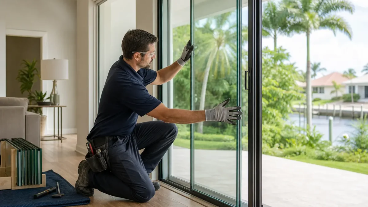 Technician installing impact glass sliding door in a modern home with tropical landscape outside in Tampa
