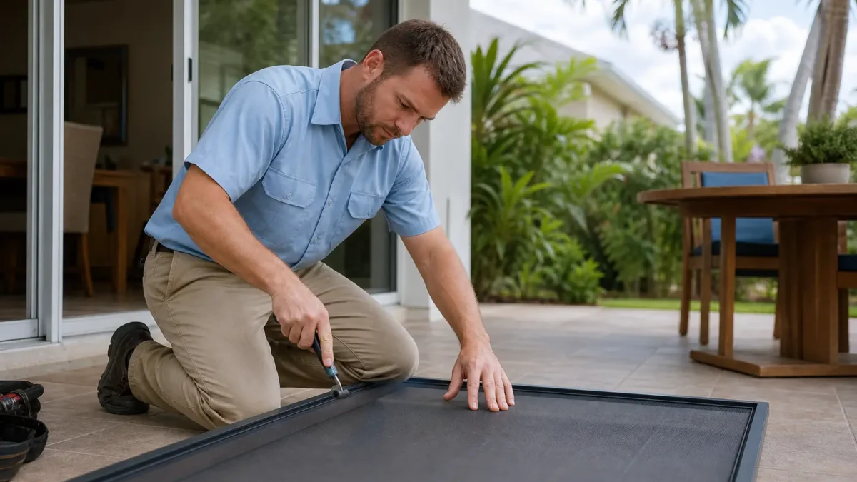 Technician repairing a lanai screen panel outdoors on a tiled patio, providing lanai screen repair service in Tampa