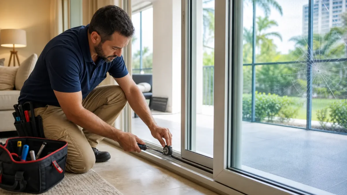 Technician repairing sliding glass door track indoors near a cracked window in a modern home in Tampa