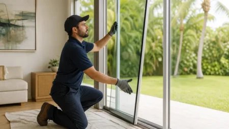 Need Sliding Door Glass Replacement in Tampa Without Buying a New Door? Technician replacing cracked sliding patio door glass inside a modern home with garden view, sliding door glass replacement i