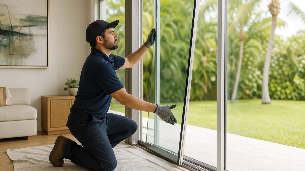 Technician replacing cracked sliding patio door glass inside a modern home with garden view, sliding door glass replacement i