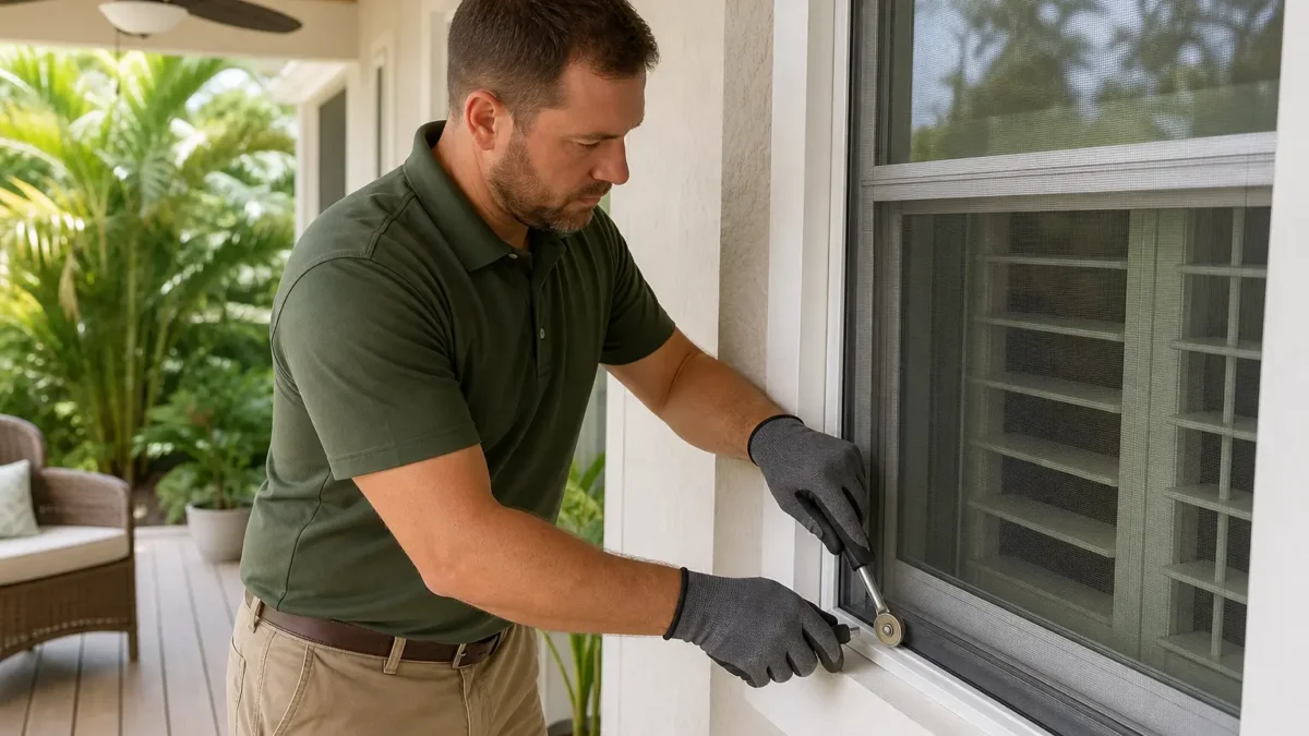 Technician repairing window screen with roller tool on a residential porch in Tampa for screen repair services