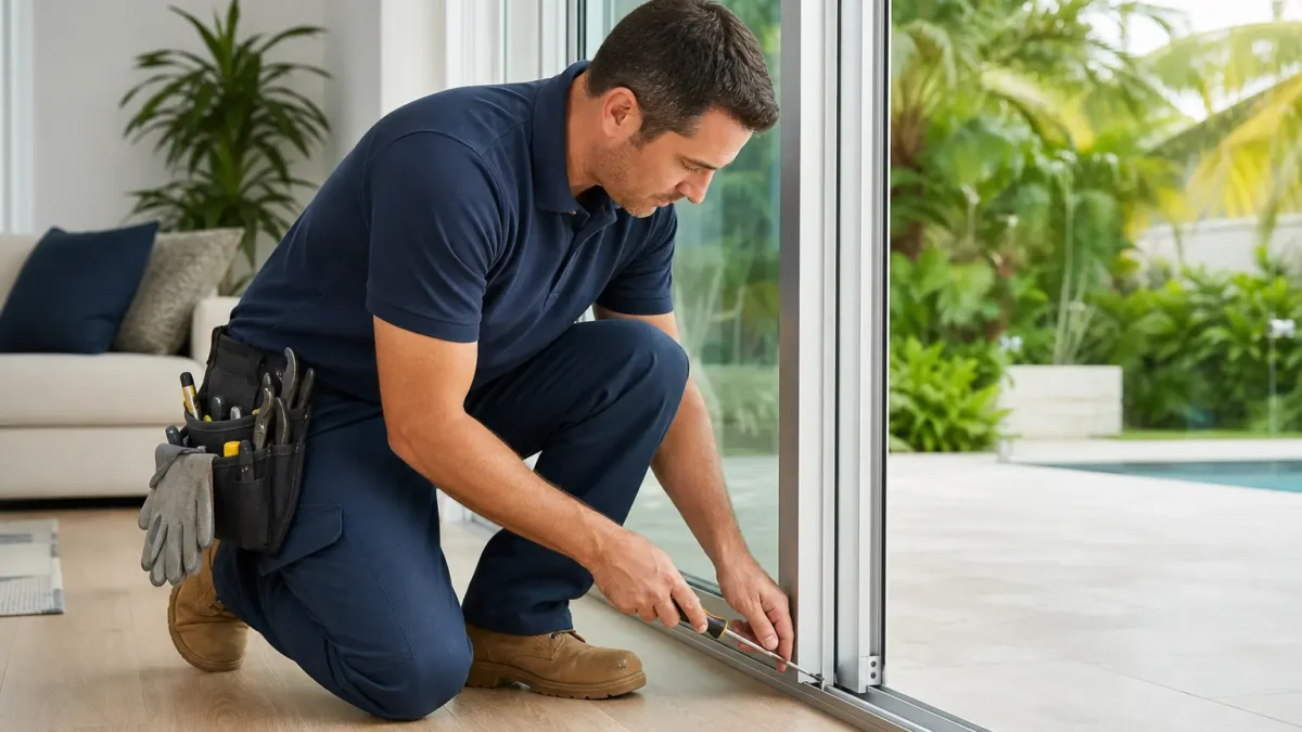 Technician repairing sliding door frame with screwdriver near patio in residential home in Tampa