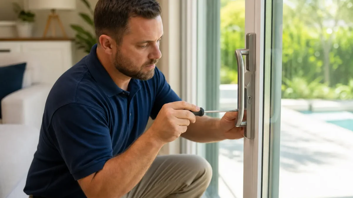 Technician repairing sliding door handle with screwdriver near window overlooking pool in Tampa home