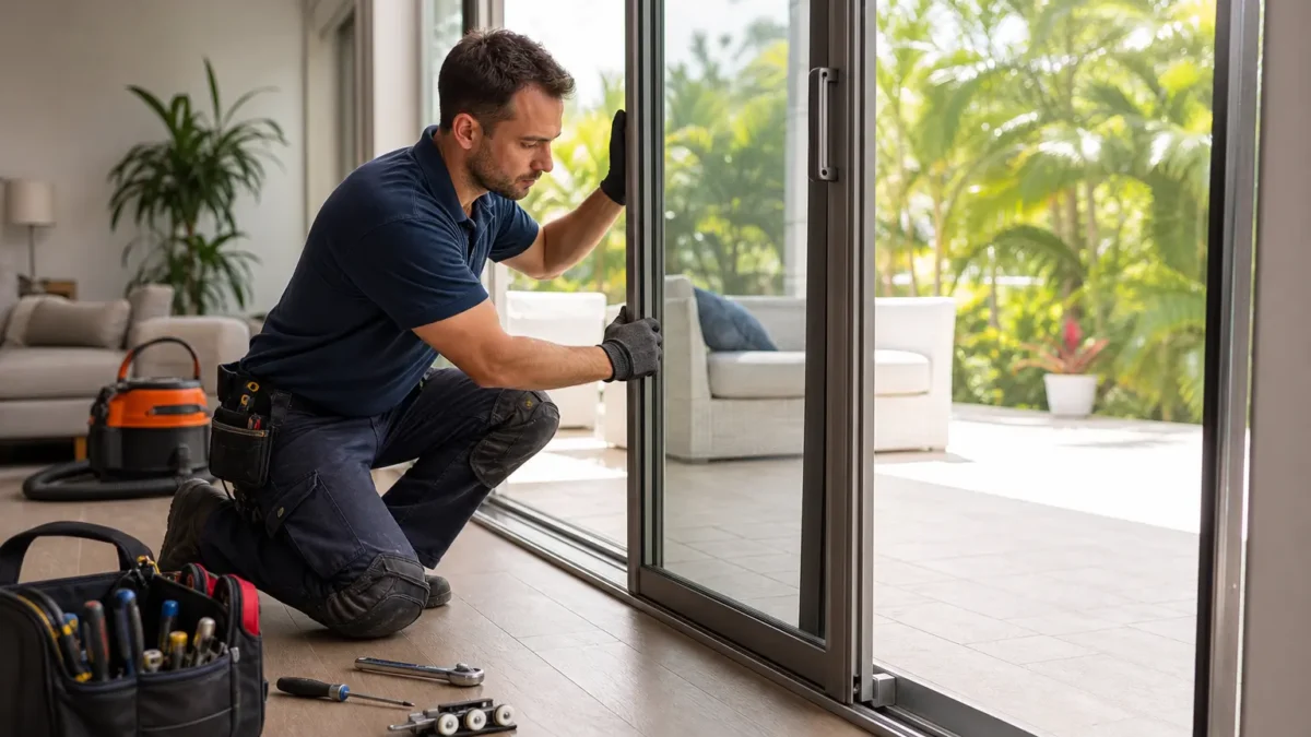 Technician kneeling indoors repairing sliding glass door rollers with tools and outdoor patio visible in Tampa home