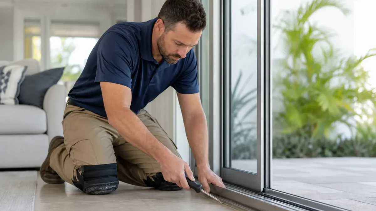 Technician kneeling and repairing sliding door track with screwdriver inside a modern home in Tampa