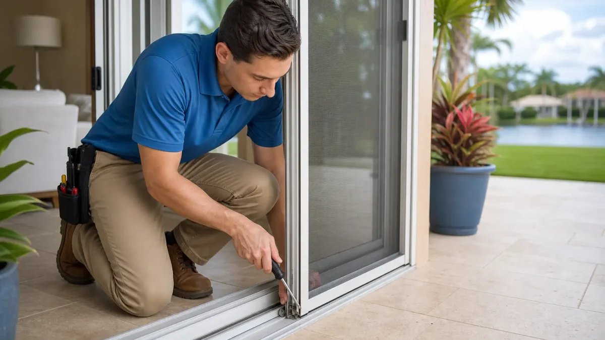 Technician repairing sliding screen door track on patio with tools in residential home in Tampa