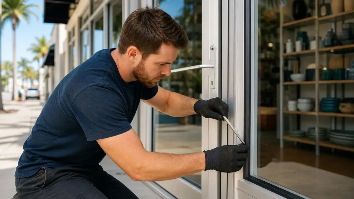 Technician replacing storefront door gasket on glass door to prevent water damage in Tampa commercial building