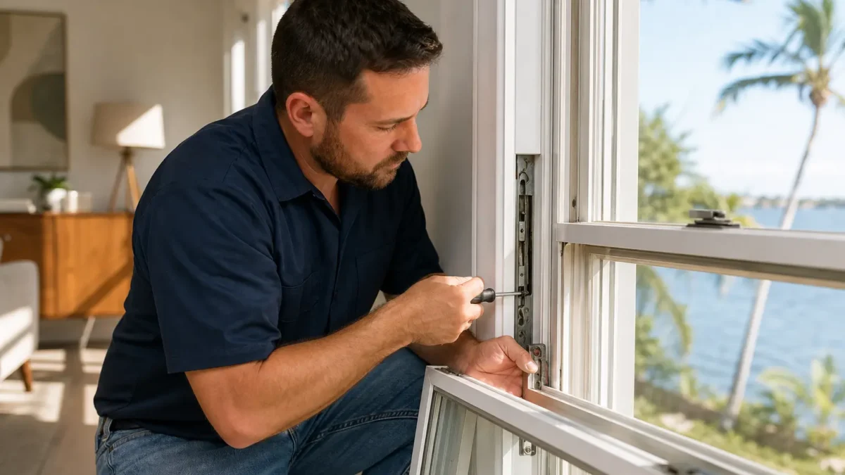 Technician repairing window sash hardware with screwdriver inside a modern home overlooking a waterfront with palm trees in T