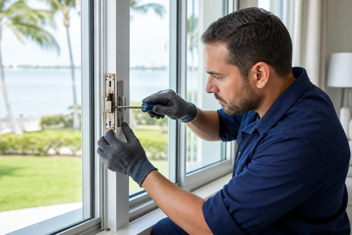 Technician repairing a rusted window lock near a waterfront home, offering window repair service in Bayshore area