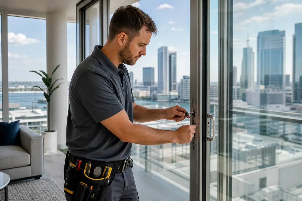 Technician repairing sliding glass door lock in modern high-rise condo with city skyline view in Channel District