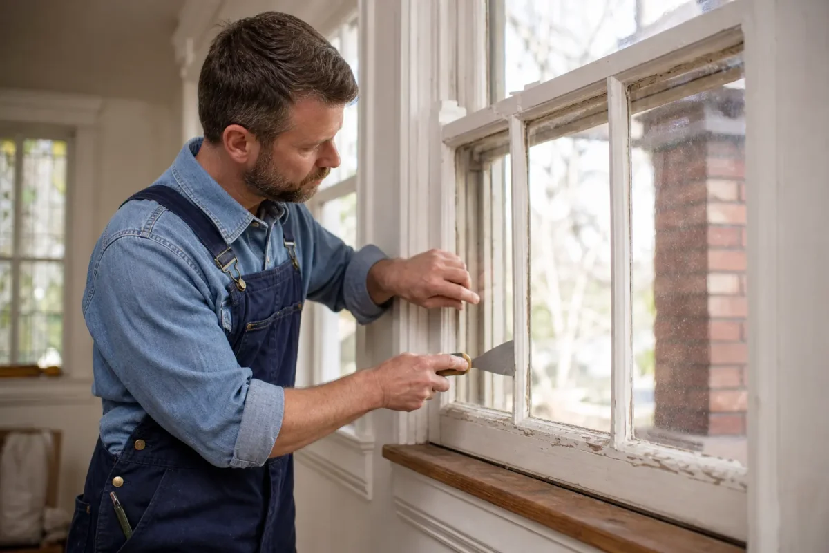 Craftsman in denim shirt and overalls repairing an old wooden window in a historic Hyde Park home