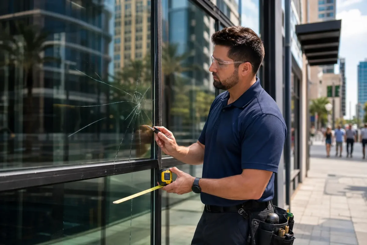 Technician measuring and inspecting cracked storefront window glass on a city sidewalk for window repair in Westshore