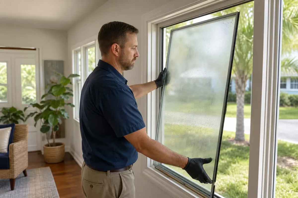 Technician removing foggy double pane glass from window frame during window repair service in Palma Ceia home
