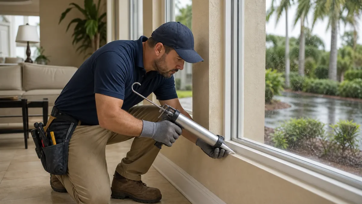 Professional technician sealing window edges indoors to prevent water leaks during storms in a residential home in Tampa