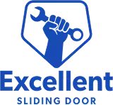 Blue logo with a raised fist holding a wrench inside a pentagon, text reading Excellent Sliding Doors